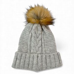 Marcus Adler Faux Fur Pom Cable Knit Beanie gray one size